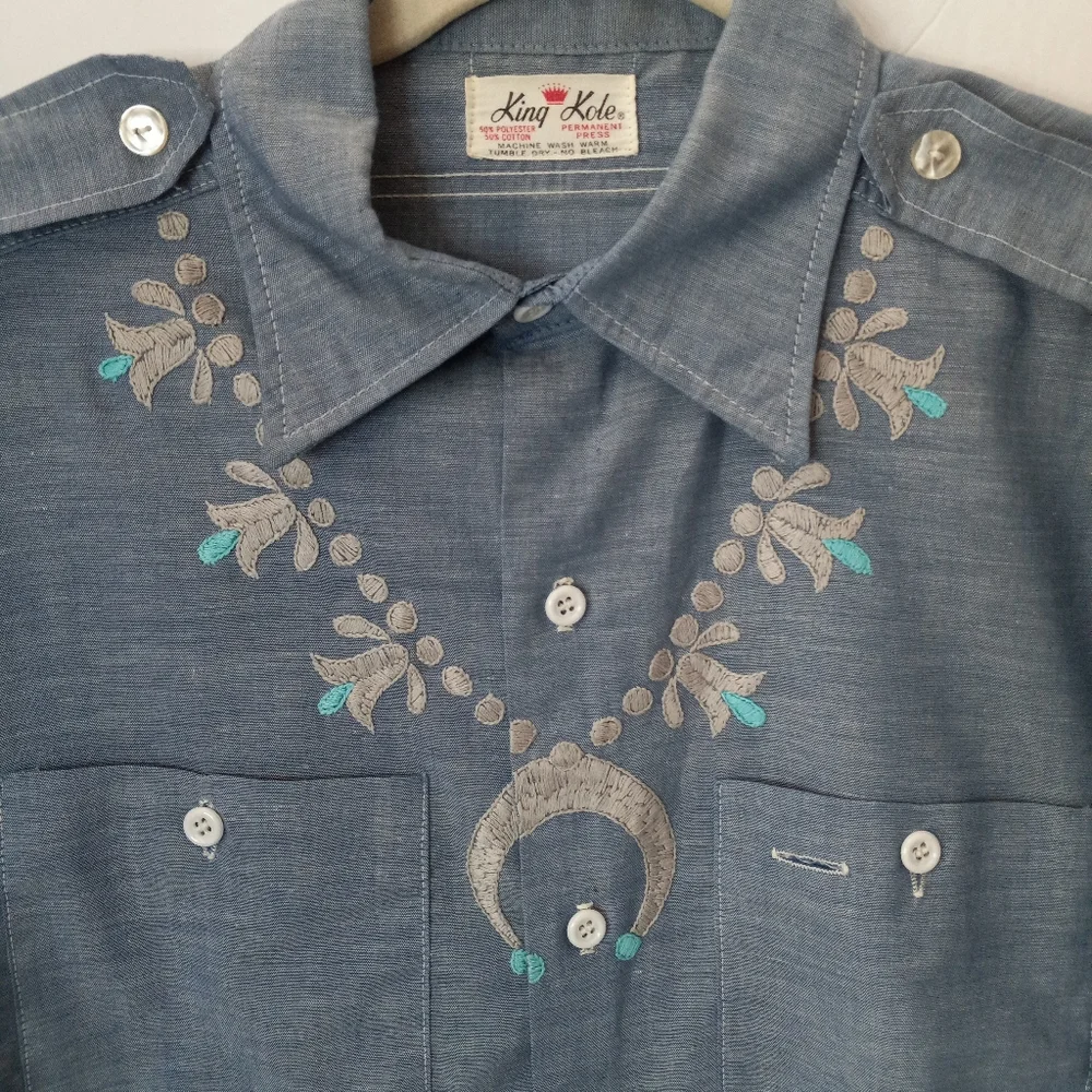 Vintage King Kole Hand Embroidered Southwestern Chambray Long Sleeve Shirt